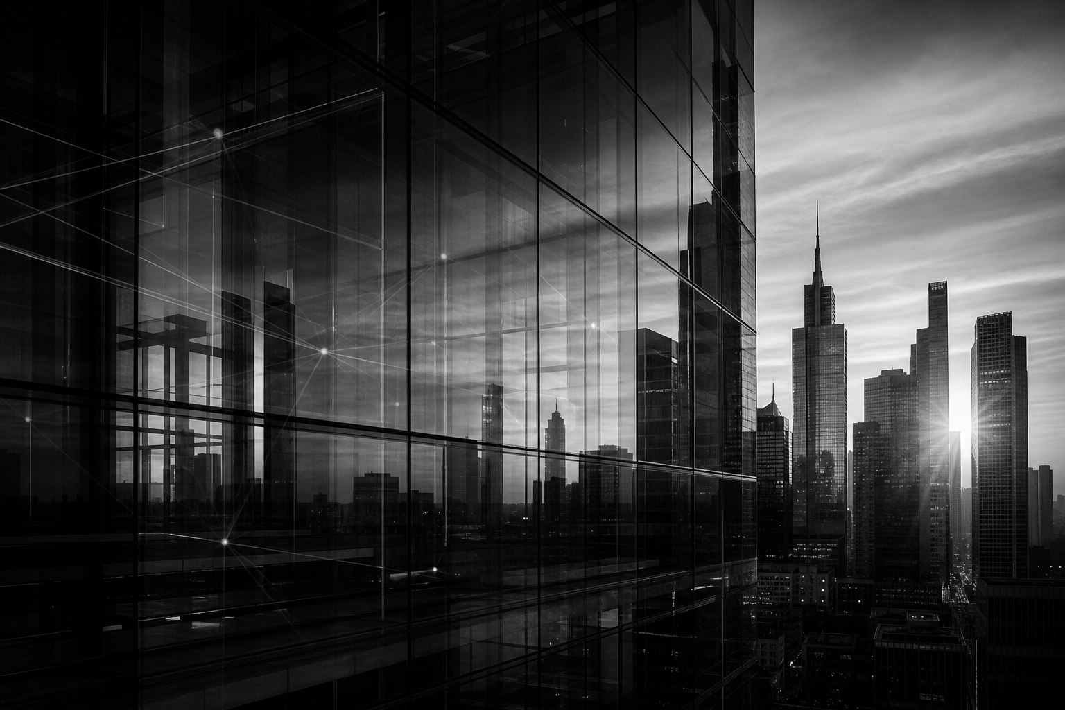 Architektonische Glasfassade mit urbaner Struktur in Schwarz-Weiß